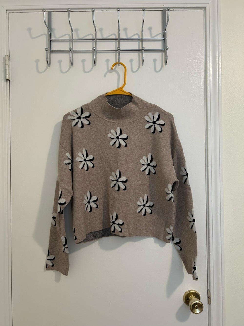 Mock Neck Floral Knit Sweater - Taupe size M